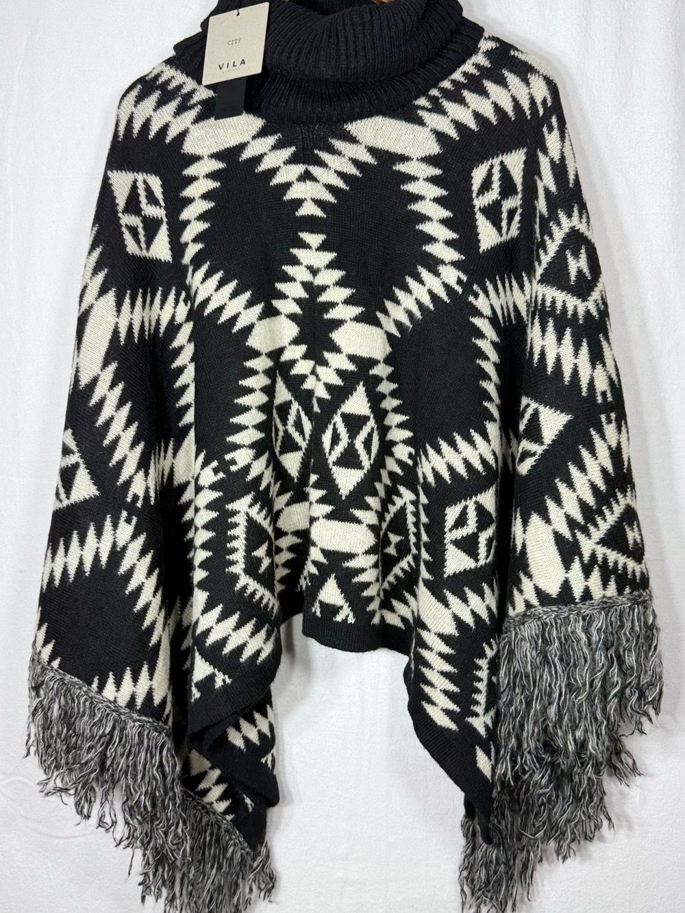 VILA Black & White Geometric Turtleneck Fringe Poncho